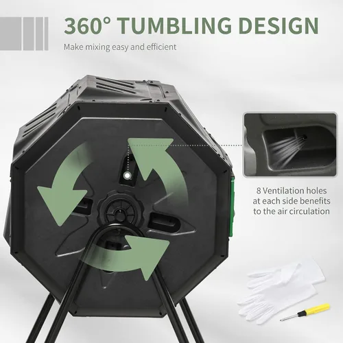 Miniatura 4 de Contenedor de compostaje giratorio de doble cámara de 360° para exteriores, 43 galones, color verde