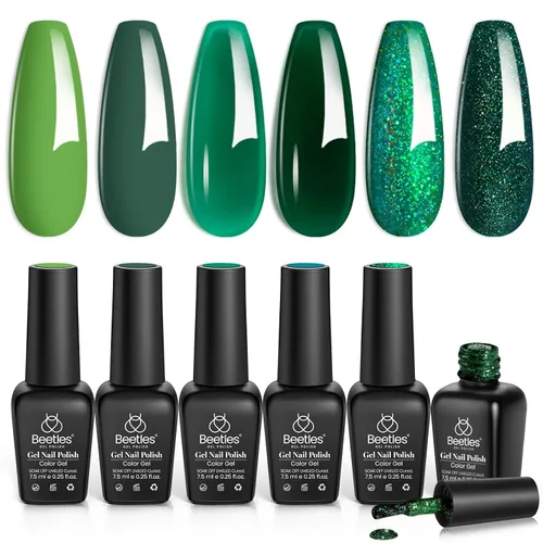 Beetles - Juego Carnival Evergreen de 6 esmaltes de uñas de gel con purpurina, kit de 6 piezas con lámpara de remojo, aguacate, diseño de arte