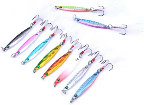 Miniatura 10 de Aorace 10 piezas de metal duro jigs buceo pesca mar señuelos minnow Popper cebos aparejos Crankbait agua salada señuelos de agua dulce con pluma