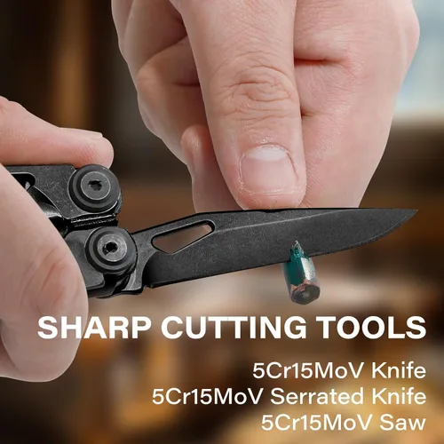 Miniatura 4 de Tijeras y alicates multiherramienta 21 en 1 con cortadores de tungsteno, autobloqueo Kit EDC duradero y resistente para camping, reparación, Negro