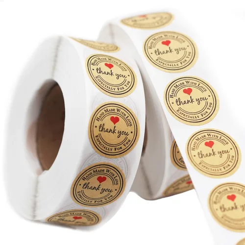 Miniatura 2 de 500 piezas YOGET Calcomanías Redondas de 1.5 Pulgadas Hechas a Mano con Amor, Calcomanías de Agradecimiento en Rollo de Papel Kraft con Adhesivo