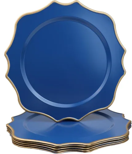 Cargadores azules para platos de cena, juego de 6 platos base plásticos decorativos con borde festoneado de 33 cm (13.0 pulgadas) para boda,