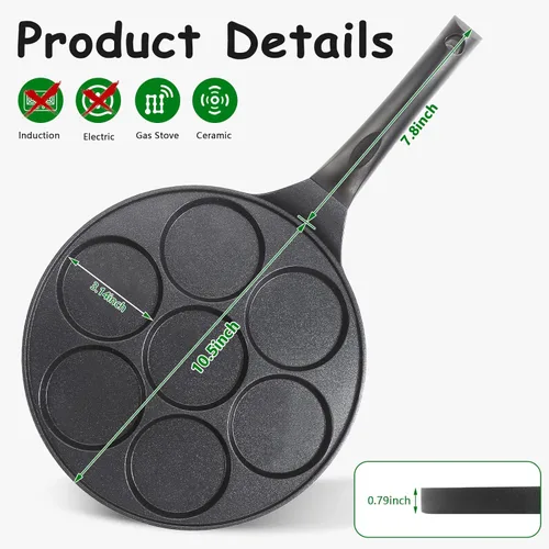 Miniatura 2 de Sartén antiadherente para hotcakes con diseño de parrilla de 7 moldes, mini fabricante de hotcakes con revestimiento libre de PFOA - Negro