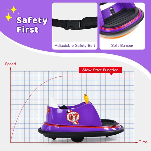 Miniatura 5 de HONEY JOY Coche de parachoques para niños pequeños de 12 V, funciona con batería, joysticks duales, luz LED intermitente y giro de 360 grados, Morado
