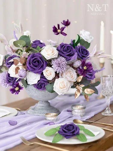 Miniatura 134 de N&T NIETING Flores artificiales, rosas artificiales de color rosa intenso, 50 piezas de flores falsas con tallo para ramos de boda DIY, centros