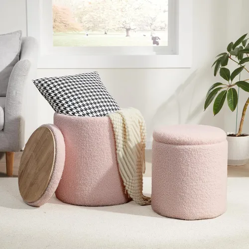 Miniatura 13 de Royal Windsor Boucle - Juego de 2 otomanas redondas con almacenamiento, taburete pequeño para sala de estar, mesa de centro pequeña, taburete