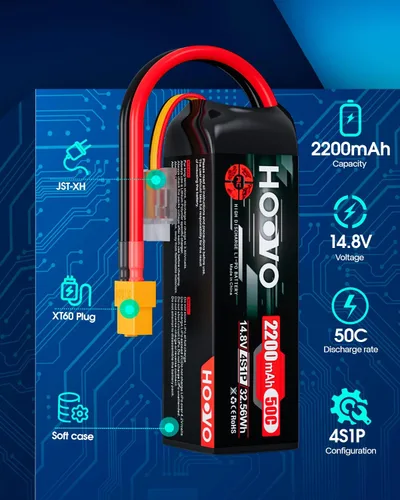Miniatura 2 de HOOVO 4S 14.8V 2200mAh 50C Lipo Batería Hard Case Pack con XT60 Conector para Popular RC Car RC Helicóptero Avión Quadcopter UAV Drone FPV