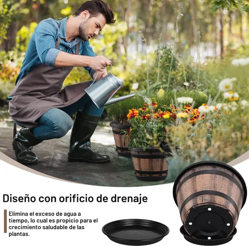 Miniatura 3 de Juego de Macetas Quarut de 4 Piezas de 12 Pulgadas, Paquete de Grandes Macetas de Barril de Whiskey con Agujeros de Drenaje y Platillo. Macetas