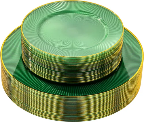 Hioasis 60 platos de plástico verde y dorado, juego de vajilla desechable verde, 30 piezas de cena de 10.25 pulgadas y 30 platos de postre de 7.5