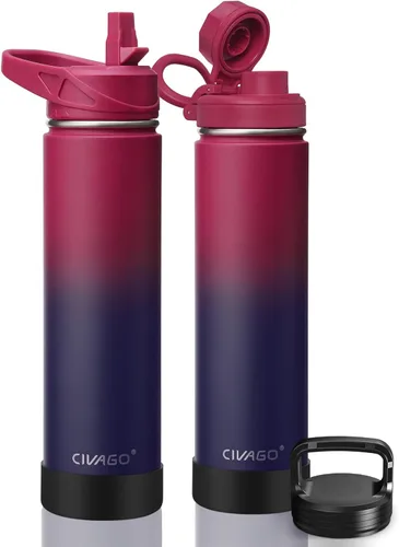 Miniatura 30 de CIVAGO Botella de agua aislada de 22 onzas con pajita, frasco de agua deportiva de acero inoxidable con 3 tapas