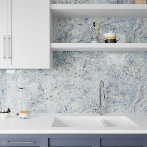 Miniatura 5 de VEELIKE Papel de contacto de mármol azul crema para encimeras, impermeable, para despegar y pegar, papel tapiz de mármol brillante para cocina, 15.7