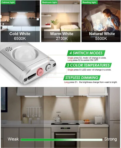 Miniatura 3 de Iluminación debajo del gabinete, luz de sensor de movimiento de 80 LED para interiores, luz de armario recargable, luces debajo del gabinete con 3