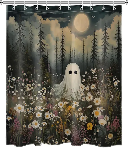Miniatura 2 de LB Cortina de ducha espeluznante de Halloween, lindo fantasma en flores, árbol negro, luna llena, cortinas de ducha para baño, tela de poliéster