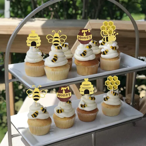Miniatura 7 de Rsstarxi Paquete de 30 adornos para cupcakes de abejorros con purpurina dorada de panal de abeja, decoración de pasteles para revelación de género