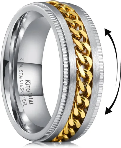 Miniatura 8 de King Will - Anillo antiestrés de acero inoxidable 316L para hombres y mujeres, con cadena decorativa giratoria, 8 mm de ancho, anillo de boda