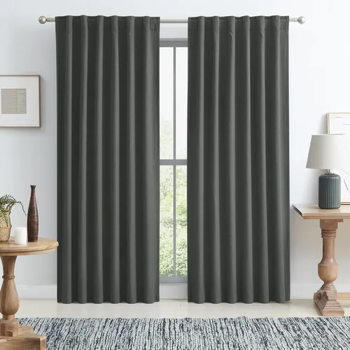 Miniatura 80 de Paneles de cortinas de ventana 100% opacas, con trabillas traseras, bolsillo para barra, gancho, cinturón, aspecto plisado, cortinas para sistema