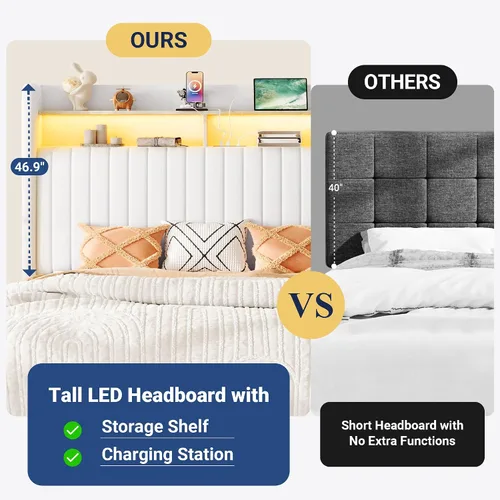 Miniatura 7 de Allewie Marco de cama de almacenamiento hidráulico elevable, tamaño Queen, cabecero de estante de 2 niveles con luces LED y estación de carga, Blanco