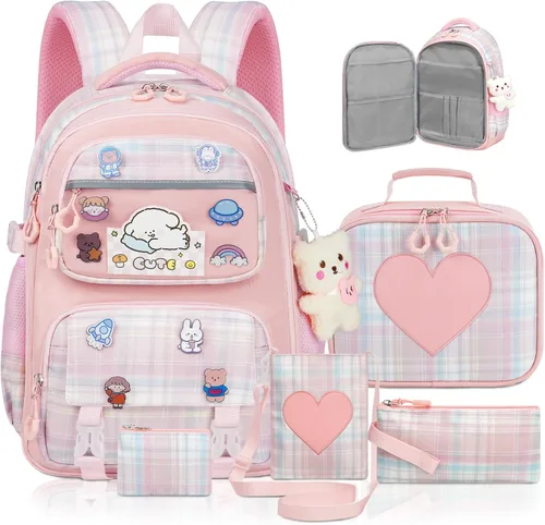 Miniatura 9 de Linda mochila para niñas, paquete de 5 mochila kawaii estética con juego de lonchera, bonita mochila escolar azul para niños y adolescentes primarias