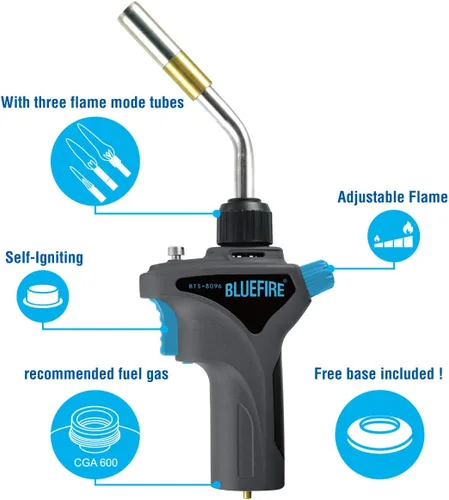 Miniatura 4 de BLUEFIRE - Antorcha de soldadura de gas con mango de metal, tubo reemplazable, combustible por MAPP MAP/PRO y propano, herramienta de grado