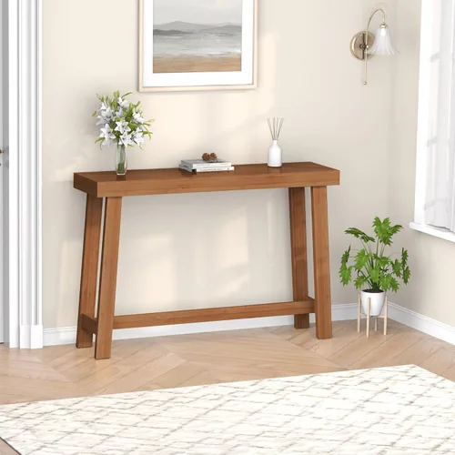 Miniatura 10 de Mesa de consola de madera de bambú 47.2" Mesa de entrada, mesa de sofá estrecha de granja de 2 niveles con estante de almacenamiento, mesa de sofá