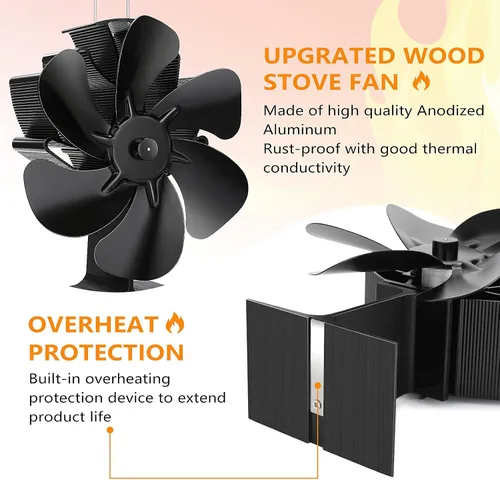 Miniatura 3 de Hanaoyo Ventilador de Estufa de Leña, Ventilador de Estufa de Leña con 6 Cuchillas Alimentado por Calor, Ventilador de Chimenea con Termómetro