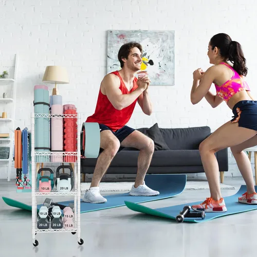 Miniatura 5 de FUTASSI Almacenamiento para Gimnasio en Casa, Organizador de Equipo de Entrenamiento de 3 Niveles con Ruedas para Esterillas de Yoga, Rodillo