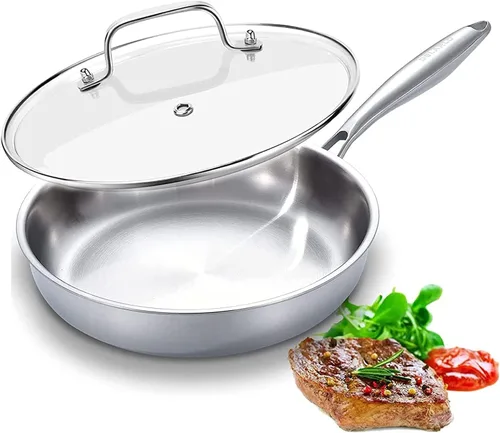 Miniatura 15 de DELARLO Sartén de acero inoxidable de tres capas de 10 pulgadas y 12 pulgadas, sartén apta para horno y de inducción, juego de ollas y sartenes
