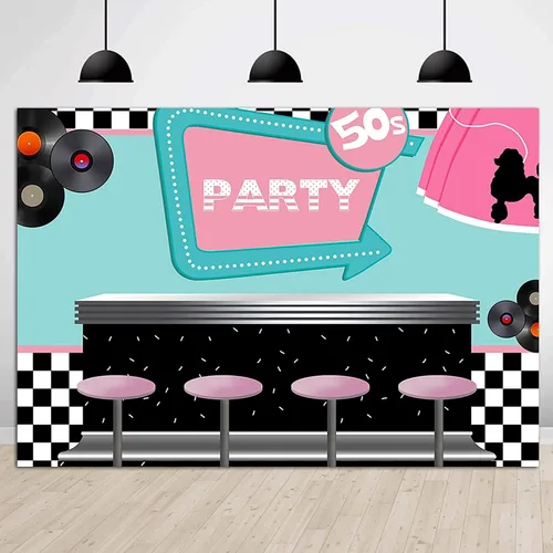 50's Soda Shop - Telón de fondo de vinilo para fiestas de regreso a los años 50, 5 x 3 pies con temática de los años 50, cartel para sesión de fotos