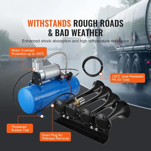 Miniatura 4 de VEVOR Kit de 4 Bocinas de Aire de Trompeta, 150dB Bocinas de Tren para Camionetas Pickup, Compresor de Aire de 12V 120 psi Tanque de 1.6 Gal/6 L