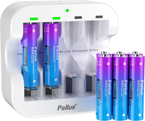 Pallus Baterías recargables de litio AAA, paquete de 8 baterías AAA recargables de 1100 mWh, baterías triple A con cargador rápido de 4 bahías, alta