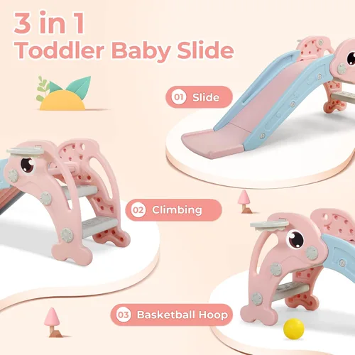 Miniatura 3 de NYEEKOY Tobogán 3 en 1 para niños pequeños, juego de escalador de tobogán para bebés con aro de baloncesto y pelota, parque infantil para interiores