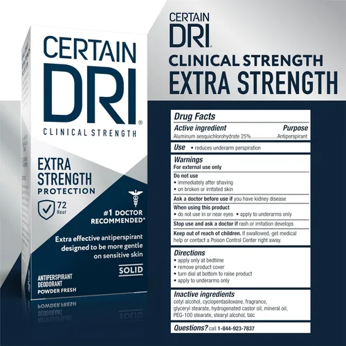 Miniatura 5 de Certain Dri - Desodorante clínico antitranspirante fuerte para uso diario, Clínica Extra Fuerte, Sólida, Paquete de 1