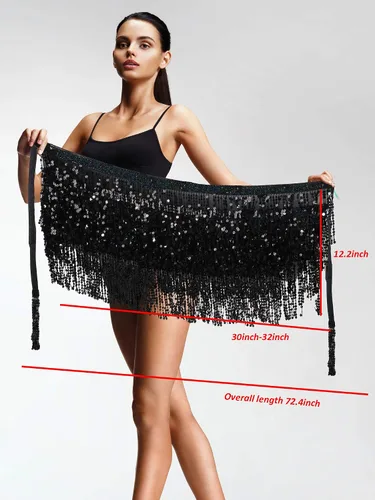 Miniatura 4 de 2 piezas lentejuelas borla falda vientre danza cadera bufanda rendimiento lentejuelas falda cinturones cuerpo accesorios para mujeres niñas