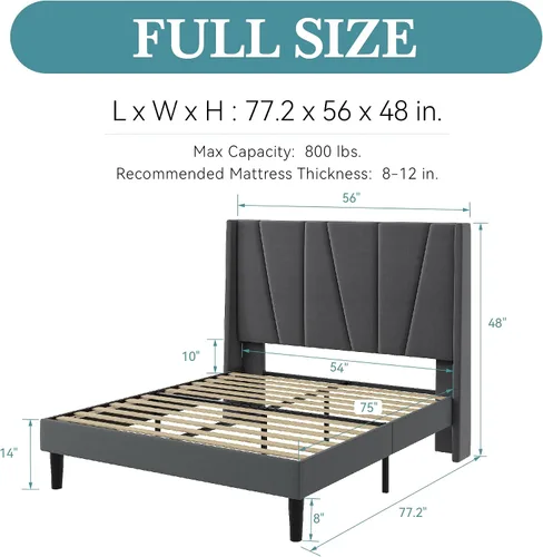 Miniatura 2 de HOOMIC Base de cama tapizada de tamaño matrimonial con cabecera geométrica moderna con respaldo de ala, listones de madera, no necesita somier, base
