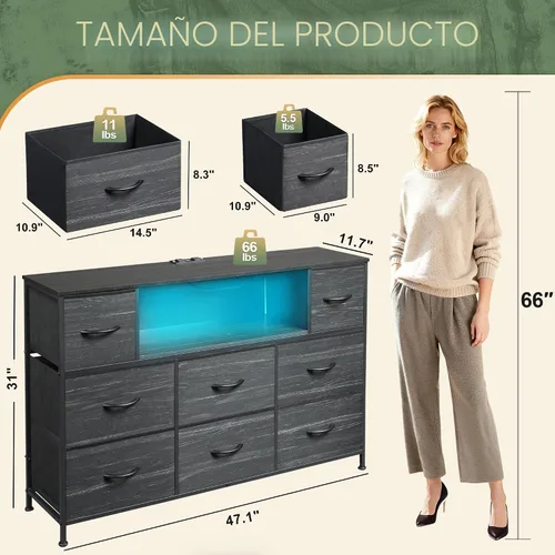 Miniatura 7 de Soporte de TV negro para TV de 45, 50, 55 pulgadas, mesa consola multimedia de TV con luces LED y estación de carga, centro de entretenimiento con 8