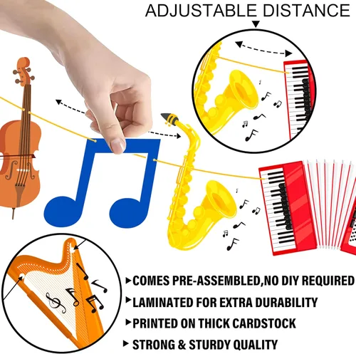 Miniatura 4 de Cartel de fiesta de cumpleaños con purpurina negra para instrumentos musicales, guirnalda de instrumentos musicales para tema de músico, suministros