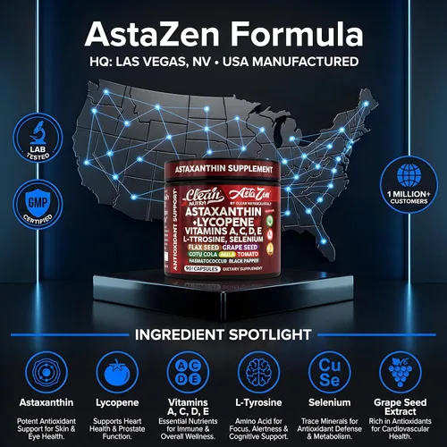 Miniatura 5 de Clean Nutra Astaxantina Suplemento de licopeno de 12 mg con vitamina A C D3 E, L-tirosina, selenio, lino, semilla de uva, gotu kola, amla, pimienta