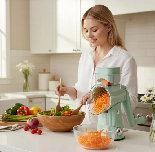 Miniatura 4 de TOPAA Rallador de queso rotativo con mango Triturador de verduras con 5 cuchillas, rebanadora de mandíbula redonda y picadora de alimentos para Verde
