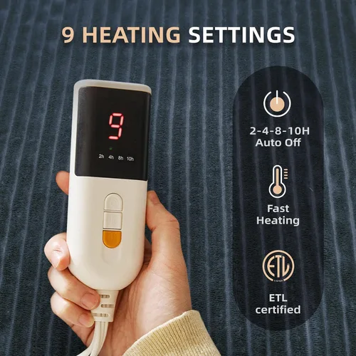 Miniatura 2 de JET'S HOME Manta térmica de 50 x 60 pulgadas, manta eléctrica de franela con certificación ETL, lavable a máquina, con 9 niveles de calefacción, 10