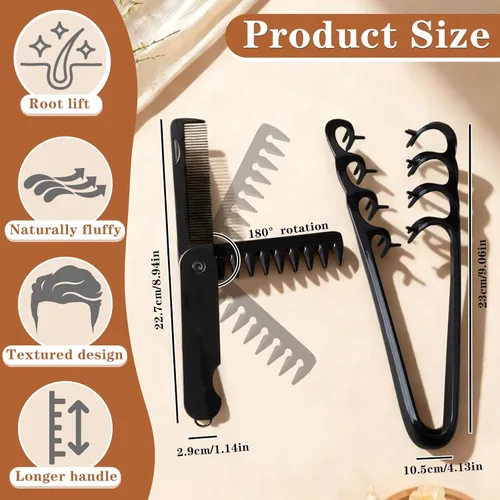 Miniatura 6 de Peine de textura de 2 piezas, peine voluminizador de dientes anchos y peine plegable 2 en 1, peine texturizado esponjoso para hombres y mujeres