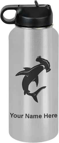 Miniatura 76 de LaserGram Botella de agua personalizada, tiburón martillo, acero inoxidable de doble pared aislada al vacío con popote superior, regalo grabado