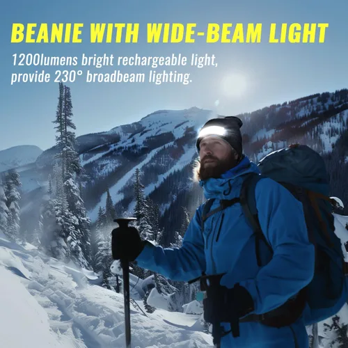 Miniatura 2 de Easymaxx Paquete de 2 Gorros con Linterna Frontal Recargable, 1200 Lúmenes LED Gorro con Luz de Haz Ancho Integrada, 6 Modos, Gorro de Invierno