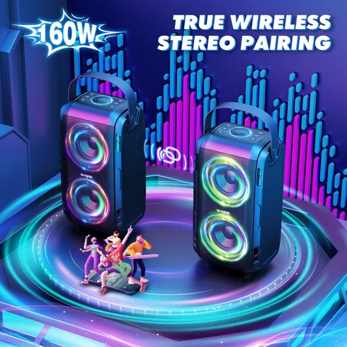Miniatura 5 de W-KING Altavoz Bluetooth de 80 W con micrófono inalámbrico, altavoz Bluetooth portátil para fiesta, 2 controladores de rango completo/graves