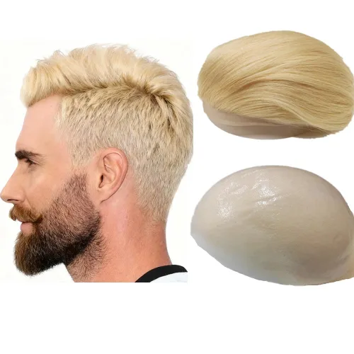 Miniatura 13 de N.L.W. Peluquín de cabello humano para hombres, base de piel fina de 0.04mm PU, tamaño base 25 x 20 cm, nudos en V, prótesis capilar, sistema