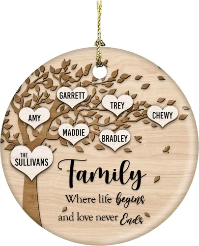 Miniatura 8 de Family Where Life Begins and Never Ends - Adorno de Navidad personalizado de cerámica de 3 pulgadas con caja de regalo (5 nombres)