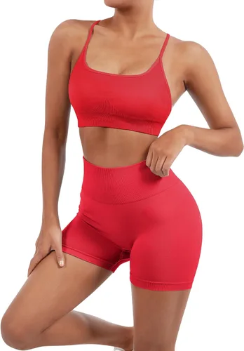 Miniatura 4 de SUUKSESS Conjuntos de entrenamiento sin costuras para mujer, sujetador deportivo con tiras y cintura alta, pantalones cortos