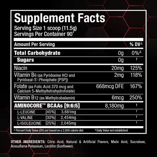 Miniatura 9 de ALLMAX Nutrition AMINOCORE BCAA en polvo, 0.29oz de aminoácidos, bebida de recuperación intra y después del entrenamiento, sin gluten, frambuesa