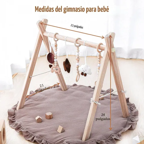 Miniatura 7 de Razee Alfombra de madera para jugar al gimnasio, gimnasio plegable para bebés con 6 juguetes sensoriales colgantes para regalo de despedida