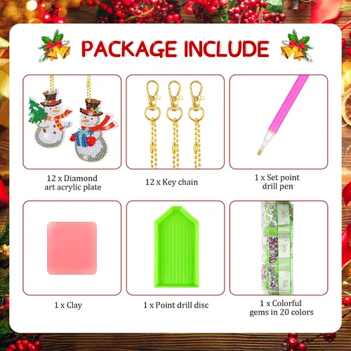 Miniatura 4 de Ferraycle 12 piezas de adornos de Navidad de arte de diamantes de Navidad, adornos de pintura de diamantes 5D, kits de llaveros de pintura colgante