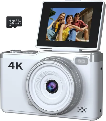 Cámara digital 4K para fotografía, cámaras digitales de 64 MP para apuntar y disparar con zoom digital de 16X, pantalla abatible de 2.4 pulgadas de